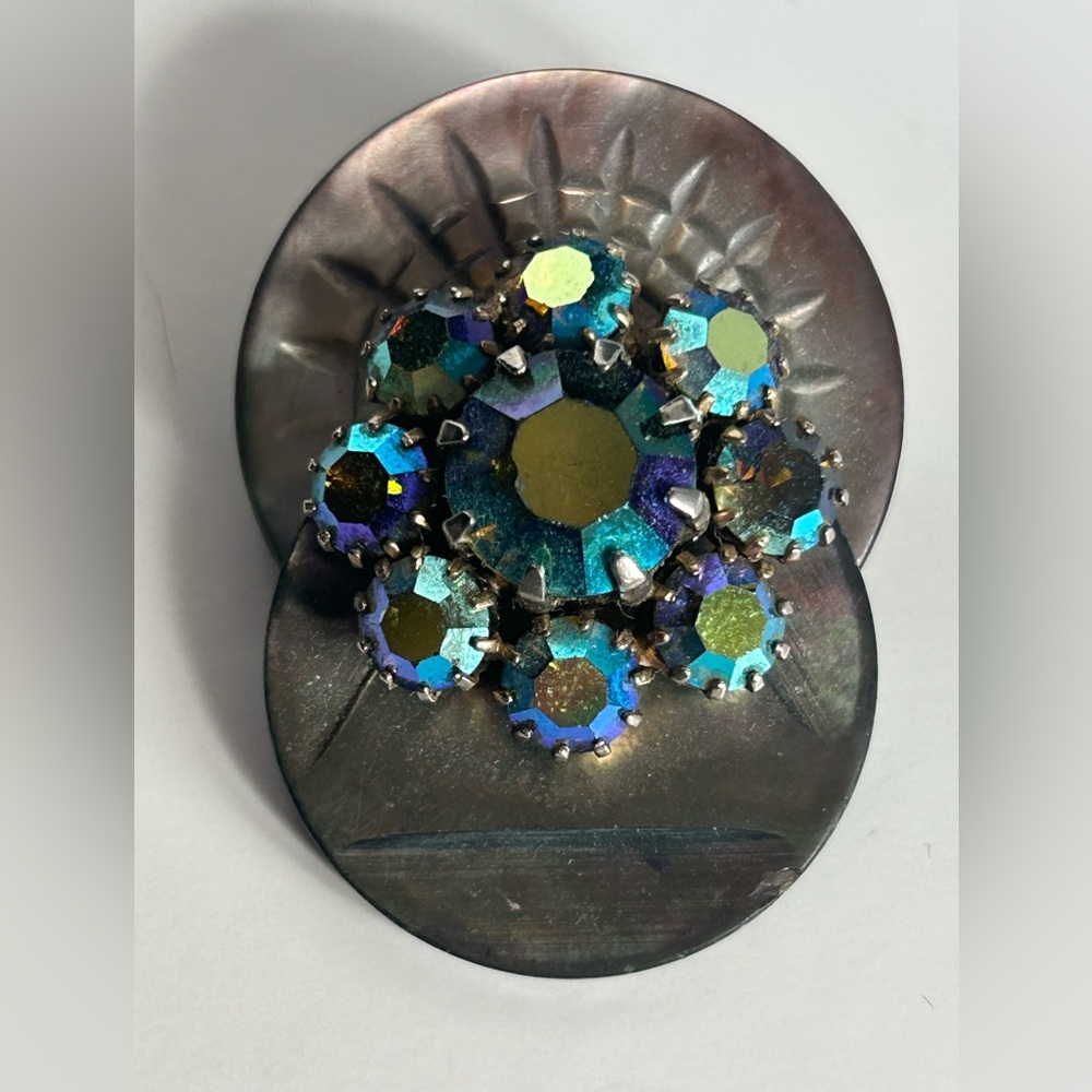 Iridescent Aurora Rhinestone Cluster Brooch on Carved MOP